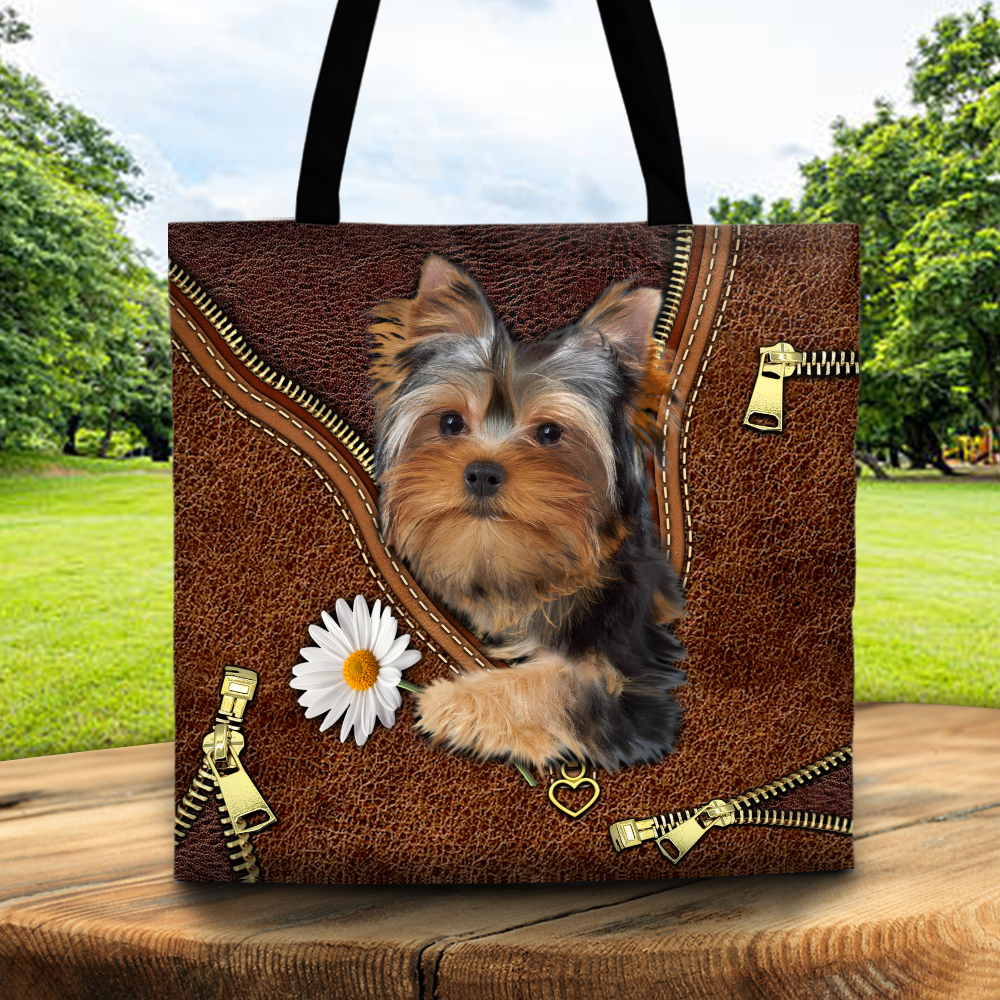 Yorkshire Terrier Holding Sunflower Tote Bag Cute Yorkshire Terrier  Sunflower Leather Pattern Tote Bag | Interest Pod